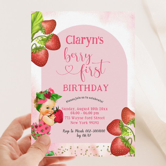 Strawberry Berry Sweet First Birthday Blonde Girl Einladung (Von Creator hochgeladen)