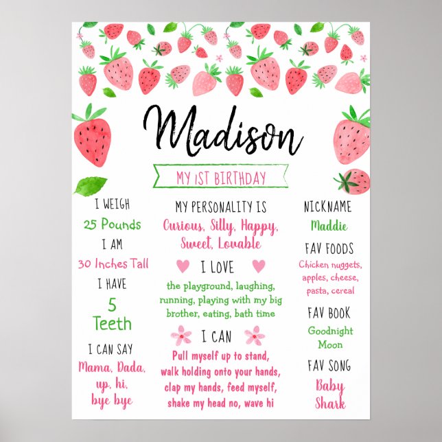 Strawberry Berry Sweet First Birthday Milestone Poster (Vorne)