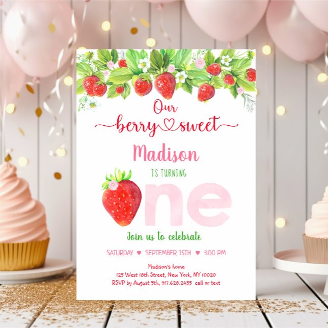 Strawberry Berry Sweet Floral Erster Geburtstag Einladung (Von Creator hochgeladen)
