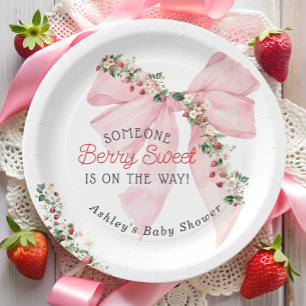 Strawberry Berry Sweet Pink Bow Baby Dusche Pappteller