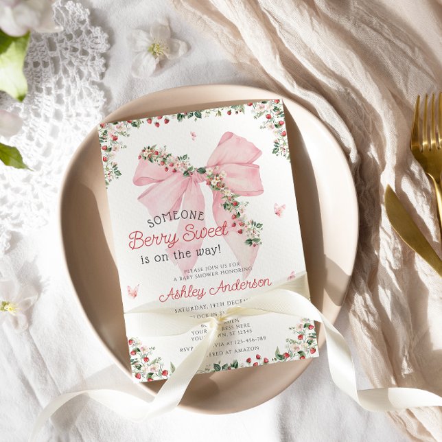 Strawberry Berry Sweet Pink Bow Girl Baby Dusche Einladung (Von Creator hochgeladen)