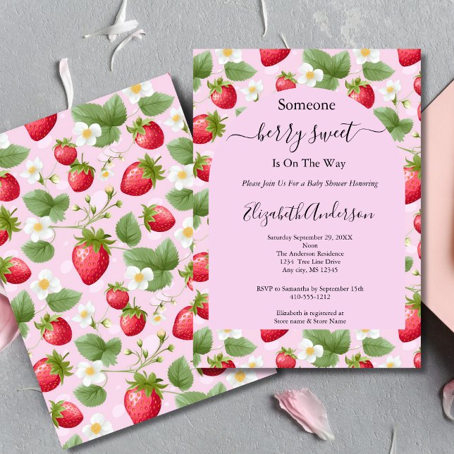 Strawberry Berry Sweet Pink Red White Baby Dusche Einladung (Strawberry Pink Berry Sweet Baby Girl Baby Shower invitation. Printed or Digital Download)