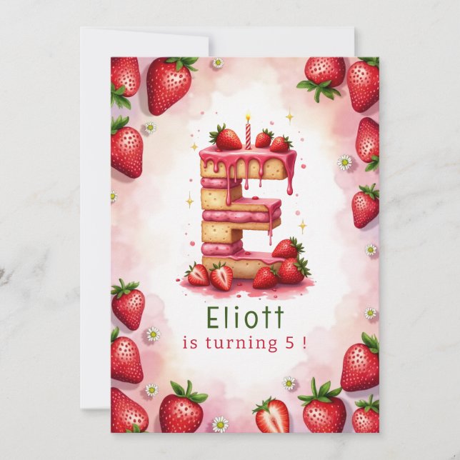 Strawberry Birthday Einladung Letter E Cake Thema (Vorderseite)