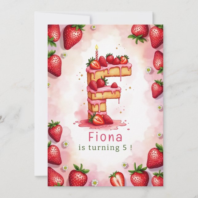 Strawberry Birthday Einladung Letter F Cake Theme (Vorderseite)