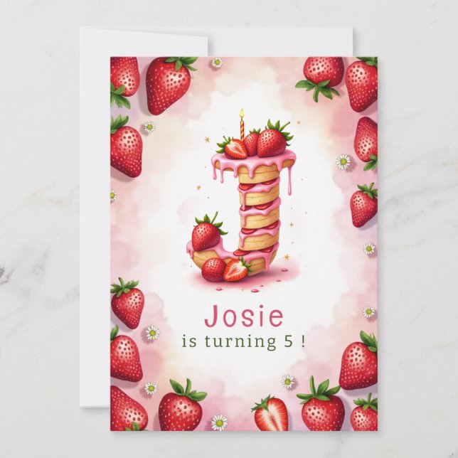 Strawberry Birthday Einladung Letter J Cake Theme (Vorderseite)