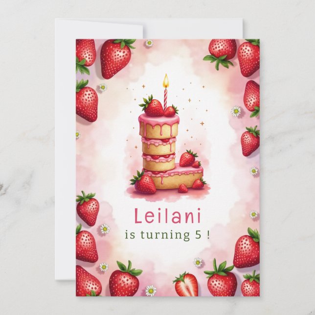Strawberry Birthday Einladung Letter L Cake Thema (Vorderseite)