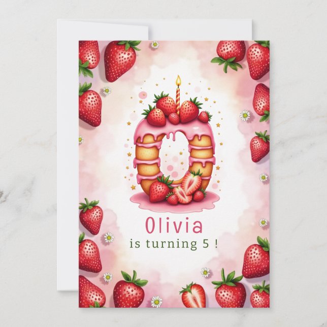 Strawberry Birthday Einladung Letter O Cake Theme (Vorderseite)