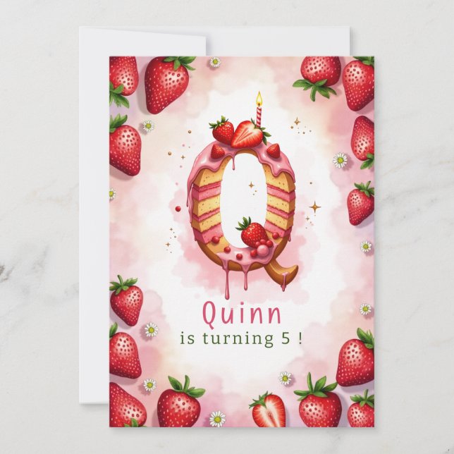 Strawberry Birthday Einladung Letter Q Cake Thema (Vorderseite)