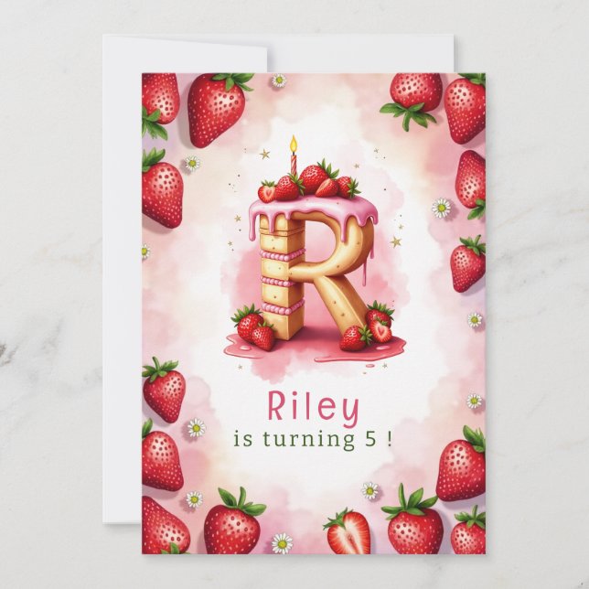 Strawberry Birthday Einladung Letter R Cake Thema (Vorderseite)
