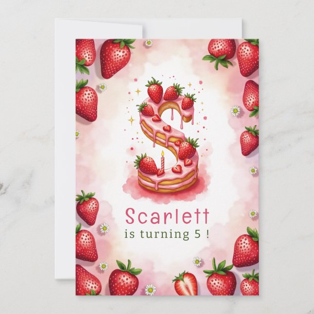 Strawberry Birthday Einladung Letter S Cake Theme (Vorderseite)