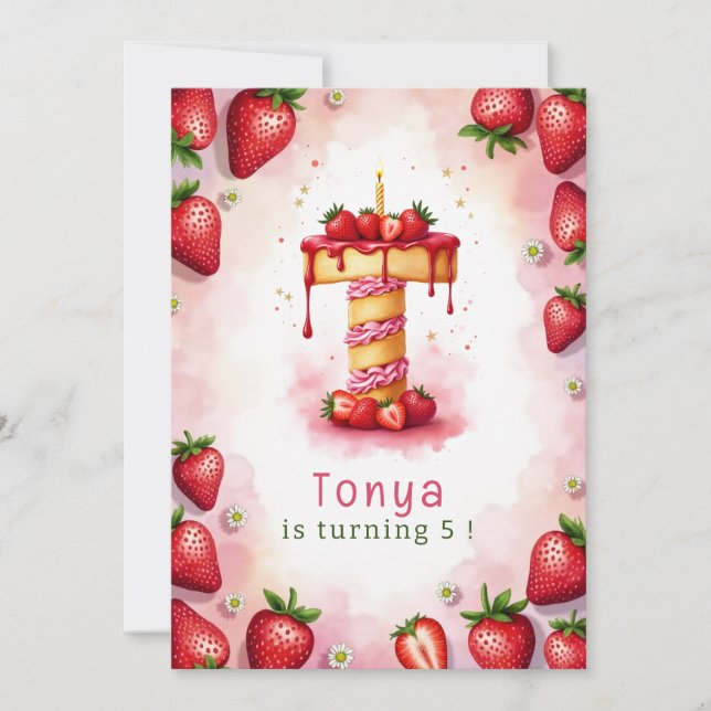 Strawberry Birthday Einladung Letter T Cake Theme (Vorderseite)