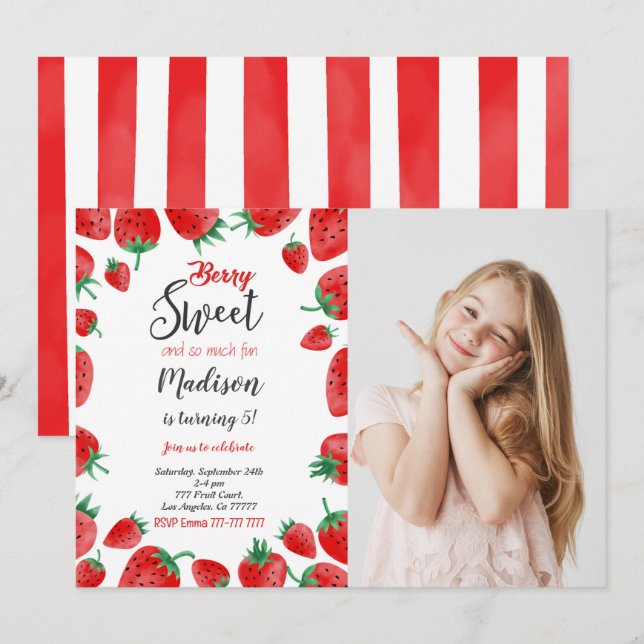 Strawberry Birthday Foto Einladung (Vorne/Hinten)
