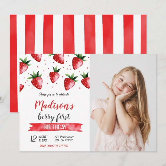 Strawberry Birthday Foto Einladung (Vorne/Hinten)