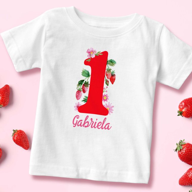 Strawberry Birthday Girl Pink and Red Baby T-shirt (Watercolor Strawberry Birthday Girl Pink and Red Baby T-Shirt)