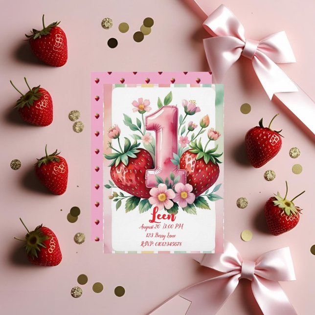 Strawberry Birthday Invitation | Cute Pink Red Gir (Créateur téléchargé)