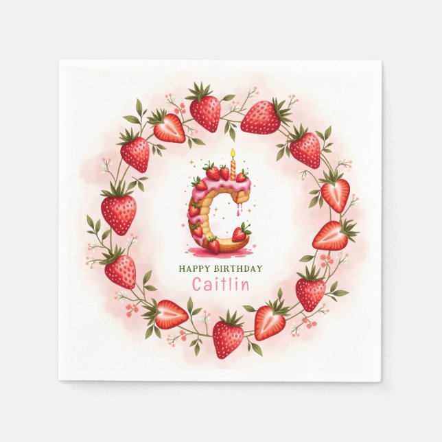 Strawberry Birthday Paper Napkin Letter C Cake Serviette (Vorderseite)