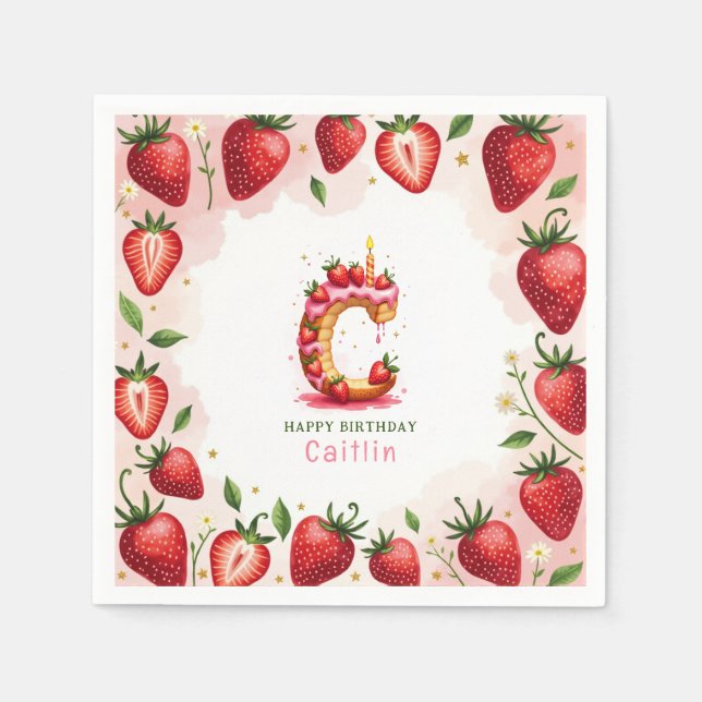 Strawberry Birthday Paper Napkin Letter C Cake Serviette (Vorderseite)