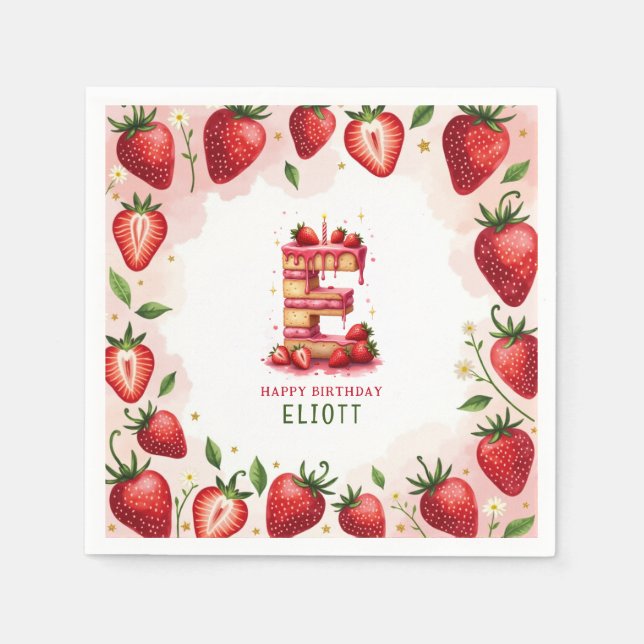 Strawberry Birthday Paper Napkin Letter E Cake Serviette (Vorderseite)