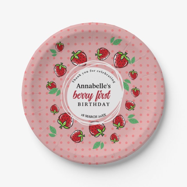 Strawberry Birthday Party Berry First Birthday Pappteller (Vorderseite)