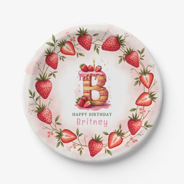 Strawberry Birthday Plate Letter B Cake Design Pappteller (Vorderseite)