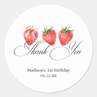 Strawberry Bow 1st Birthday Thank You Runder Aufkleber