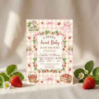 Strawberry bow baby shower First Berry Sweet Einladung