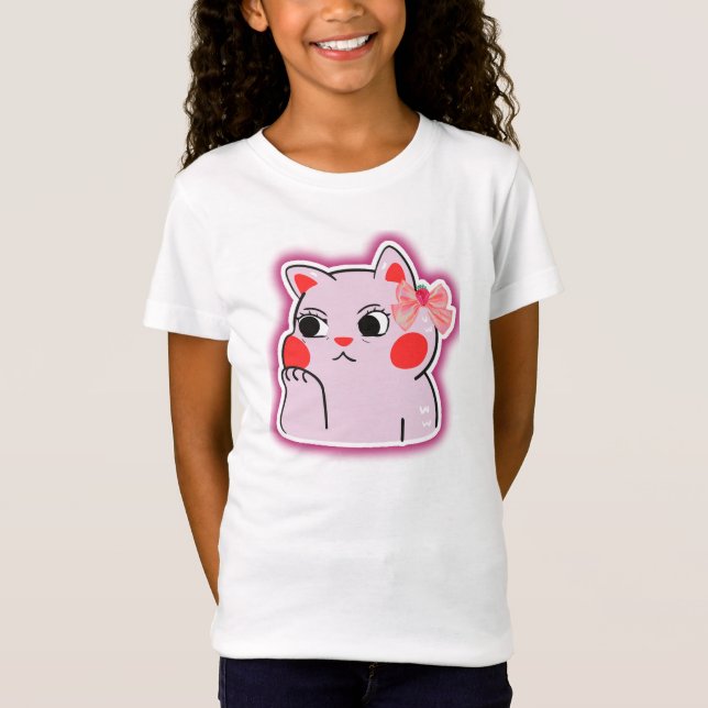 Strawberry Bow Pink Kitty - Niedlicher Cartoon Des T-Shirt (Vorderseite)