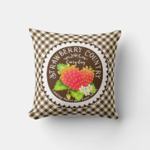 Strawberry Brown Gingham Throw Pillow