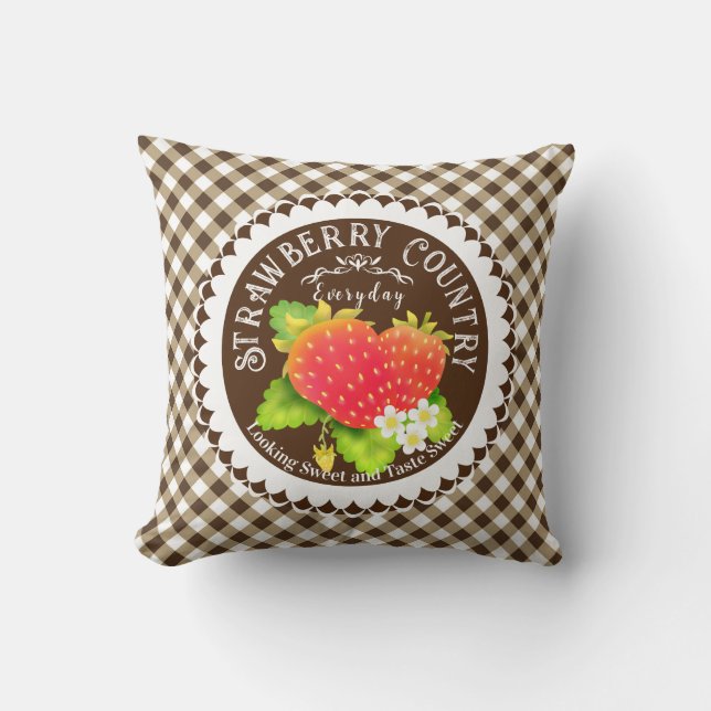 Strawberry Brown Gingham Throw Pillow Kissen (Vorderseite)