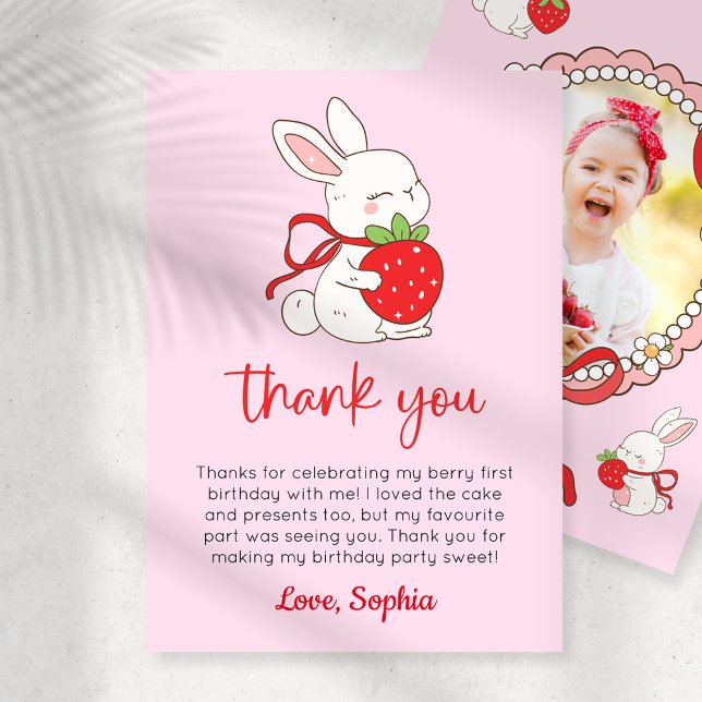 Strawberry Bunny 1st Birthday Photo Thank You Card Einladung (Von Creator hochgeladen)