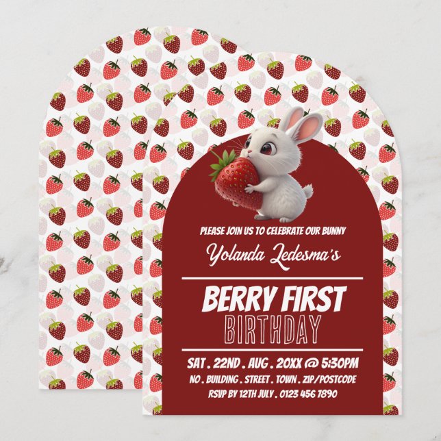 Strawberry Bunny, Berry Erster Geburtstag Einladung (Vorne/Hinten)
