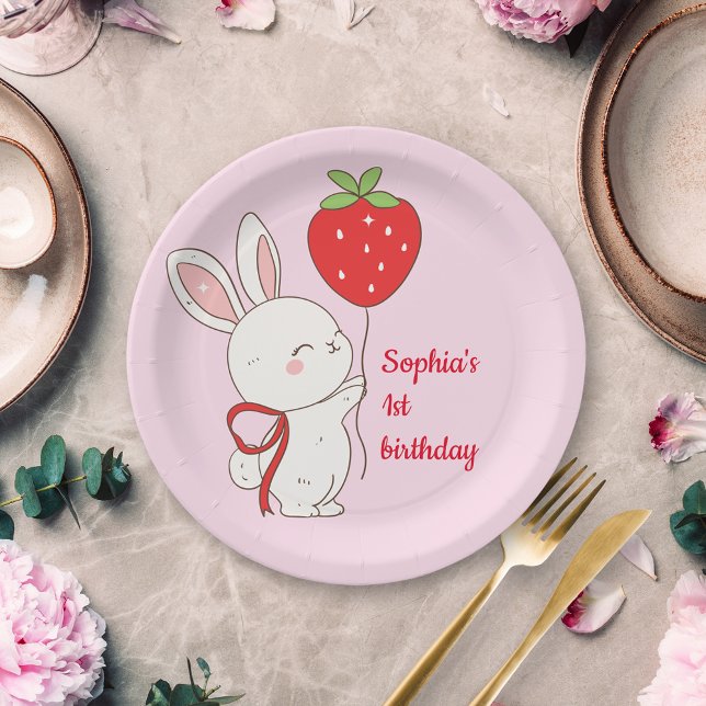 Strawberry Bunny Birthday Pink Pappteller (Von Creator hochgeladen)