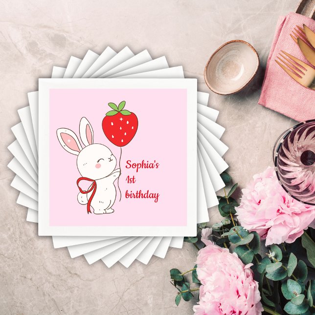 Strawberry Bunny Birthday Pink Serviette (Von Creator hochgeladen)