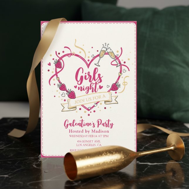 Strawberry Champagne Galentines Day Invitation Einladung (Von Creator hochgeladen)