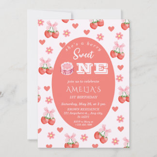 Strawberry & Cherry Floral 1st Birthday with photo Einladung
