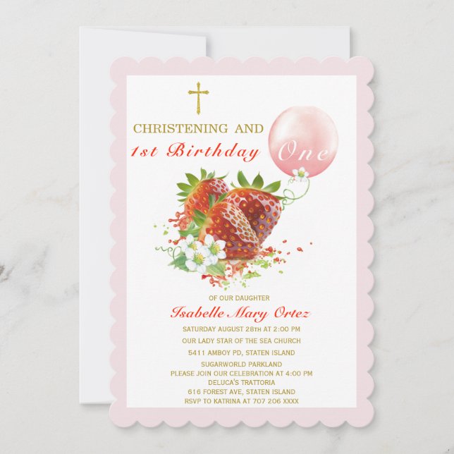 Strawberry Christening und erster Geburtstag Einladung (Vorderseite)