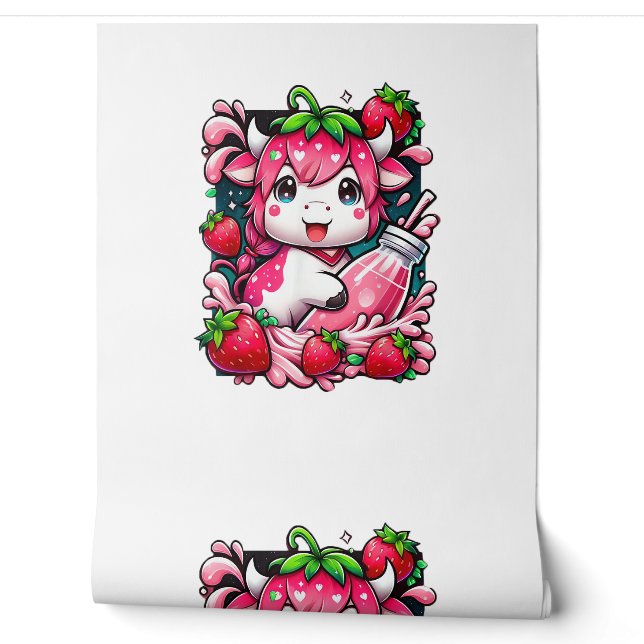 Strawberry Cow Kawaii Anime Strawberry Milk Tapete (Abrollen)