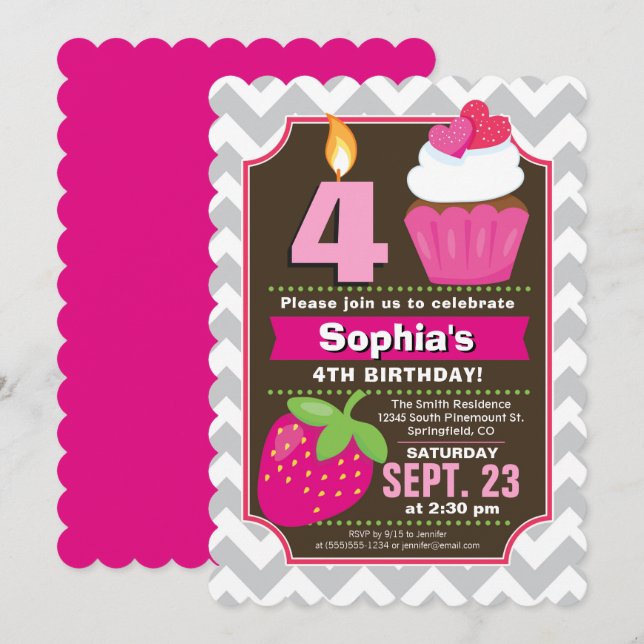 Strawberry Cupcake Girl Einladung zum Geburtstag (Vorne/Hinten)