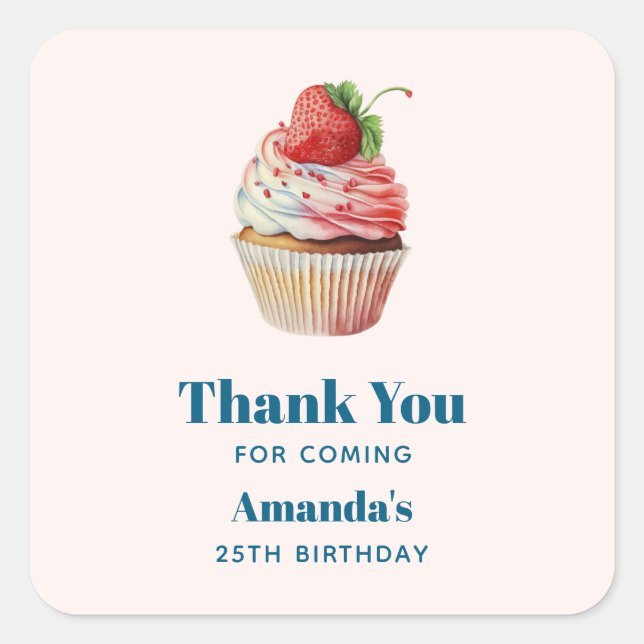 Strawberry Cupcake Sweet Birthday Vielen Dank Quadratischer Aufkleber (Vorderseite)