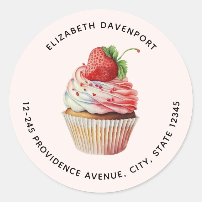 Strawberry Cupcake Sweet Dessert Adresse Runder Aufkleber (Vorderseite)