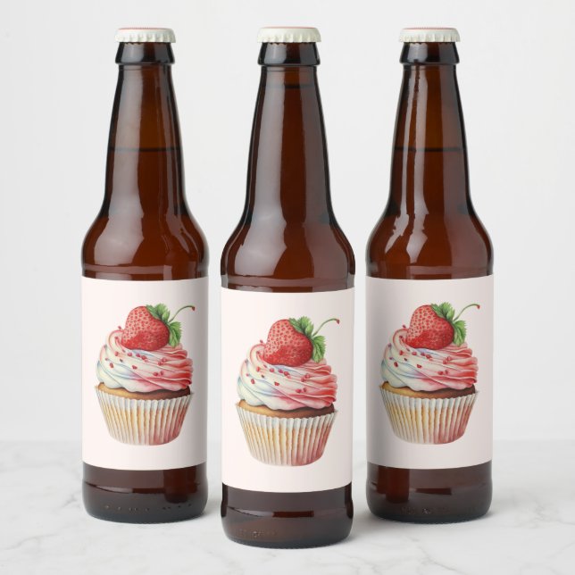 Strawberry Cupcake Sweet Dessert Bierflaschenetikett (Flaschen)