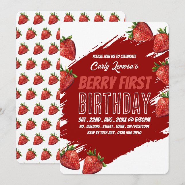 Strawberry Design, Berry First Birthday Einladung (Vorne/Hinten)