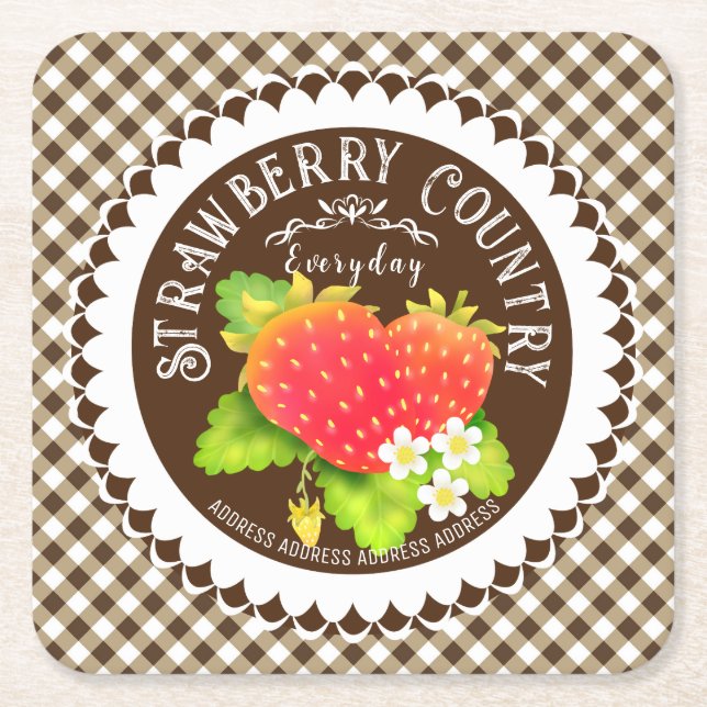 Strawberry Doilies Brown Gingham Rechteckiger Pappuntersetzer (Vorderseite)