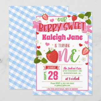 Strawberry Einladung zum ersten Geburtstag - Blau 