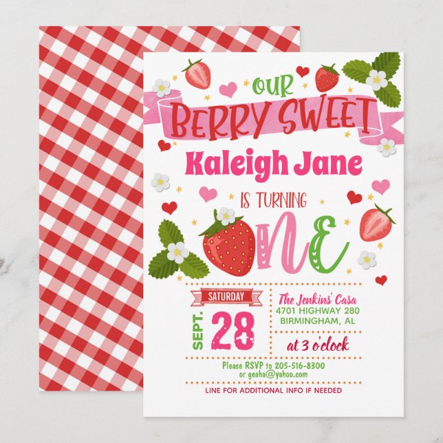 Strawberry Einladung zum ersten Geburtstag - EINS (Vorne/Hinten)