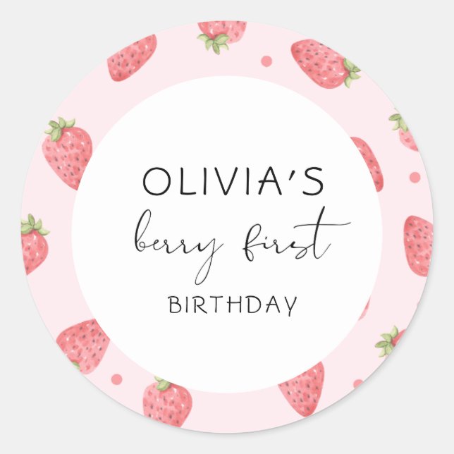 Strawberry First Birthday 1. Berry Sweet Favor Runder Aufkleber (Vorderseite)
