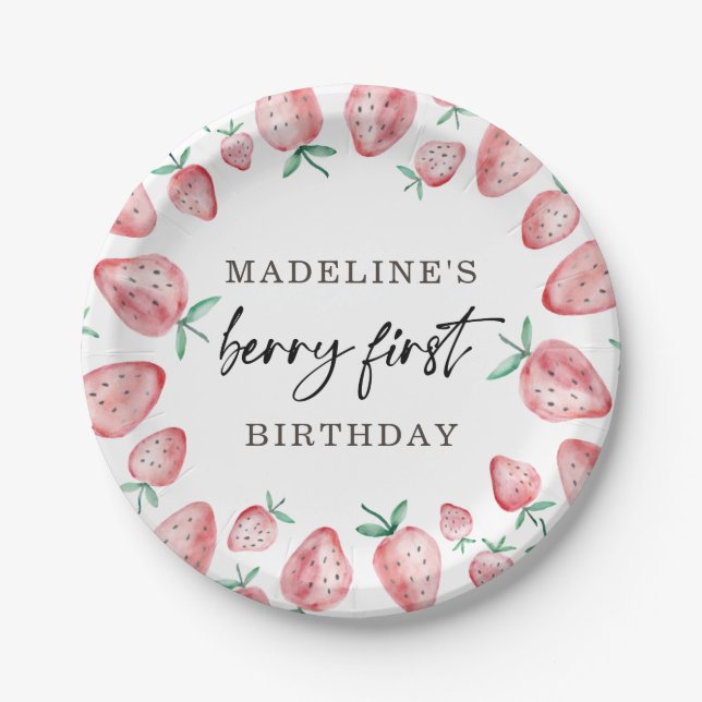 Strawberry First Birthday 1. Berry Sweet Girl Pappteller (Vorderseite)
