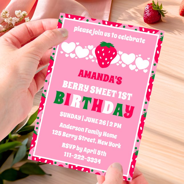 Strawberry First Birthday Celebration Invitation Einladung (Von Creator hochgeladen)