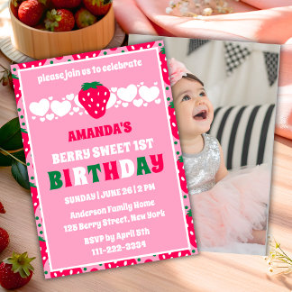 Strawberry First Birthday Celebration Photo Einladung