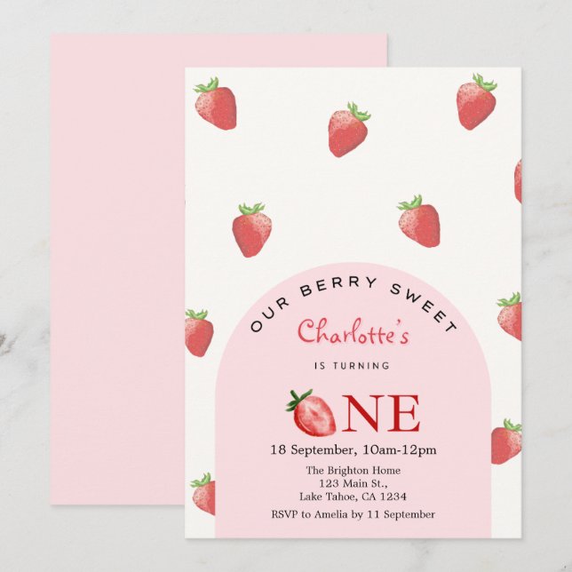Strawberry First Birthday Einladung (Vorne/Hinten)